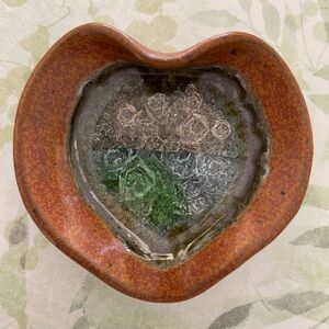 Heart Shaped Clay Pottery Broken Glass Trinket Dish USA